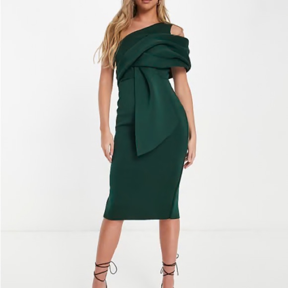 ASOS Design peekaboo shoulder gathered mini dress in forrest green size 8